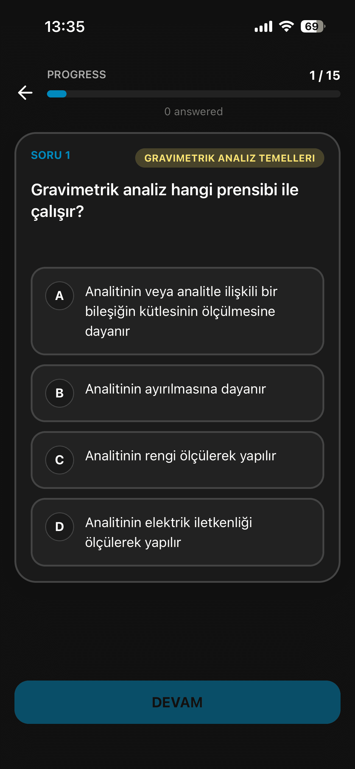 EUS Akademi mobil uygulaması: deneme sınavı ekranı